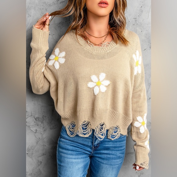 Khaki Floral Ribbed Trim Distressed Sweater - Picture 3 of 5